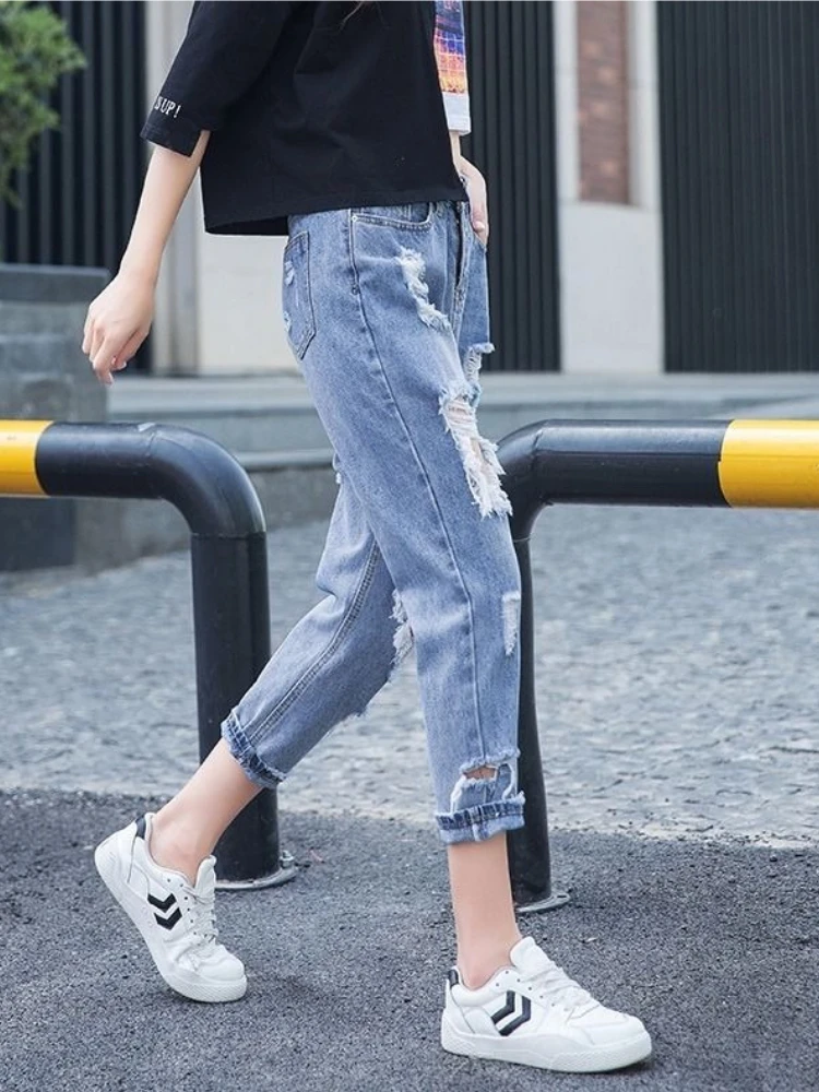 

2026 Summer New High Waist Baggy Jeans Women Straight Leg Ripped Nine Tenths Casual Trousers Slim Fit
