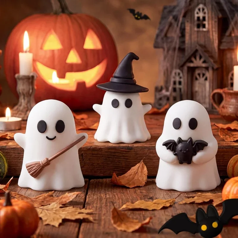 3pcs Halloween Glowing Mini Ghost Ornament Phosphorescent Ghost Figurine Witch Hat Broom Bat Design for Tabletop Bookshelf Decor
