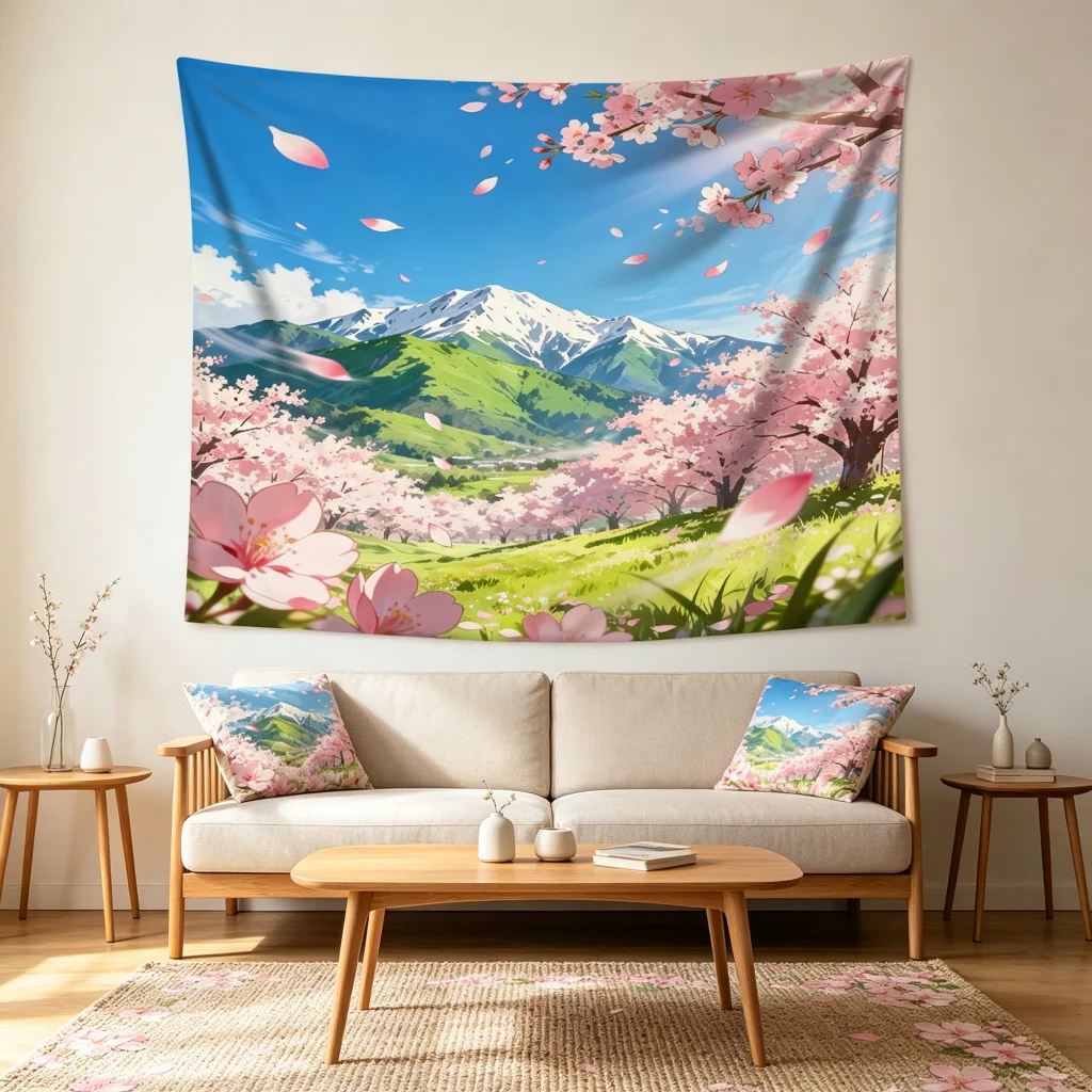 1PC Anime Cherry Snow Mountain Print Backdrop Banner, Bedroom Living Room Photo Background, Polyester, Home Decor, Wall Art