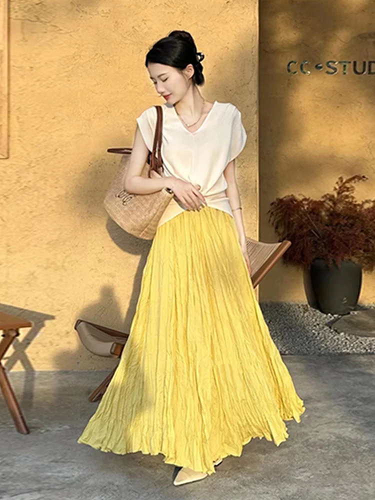 

Irregular hem Women's skirt Yellow Blue Skirt High Waist skirts y2k skirt pleated Loose women Pleated Skirts Casual Jupe 2025