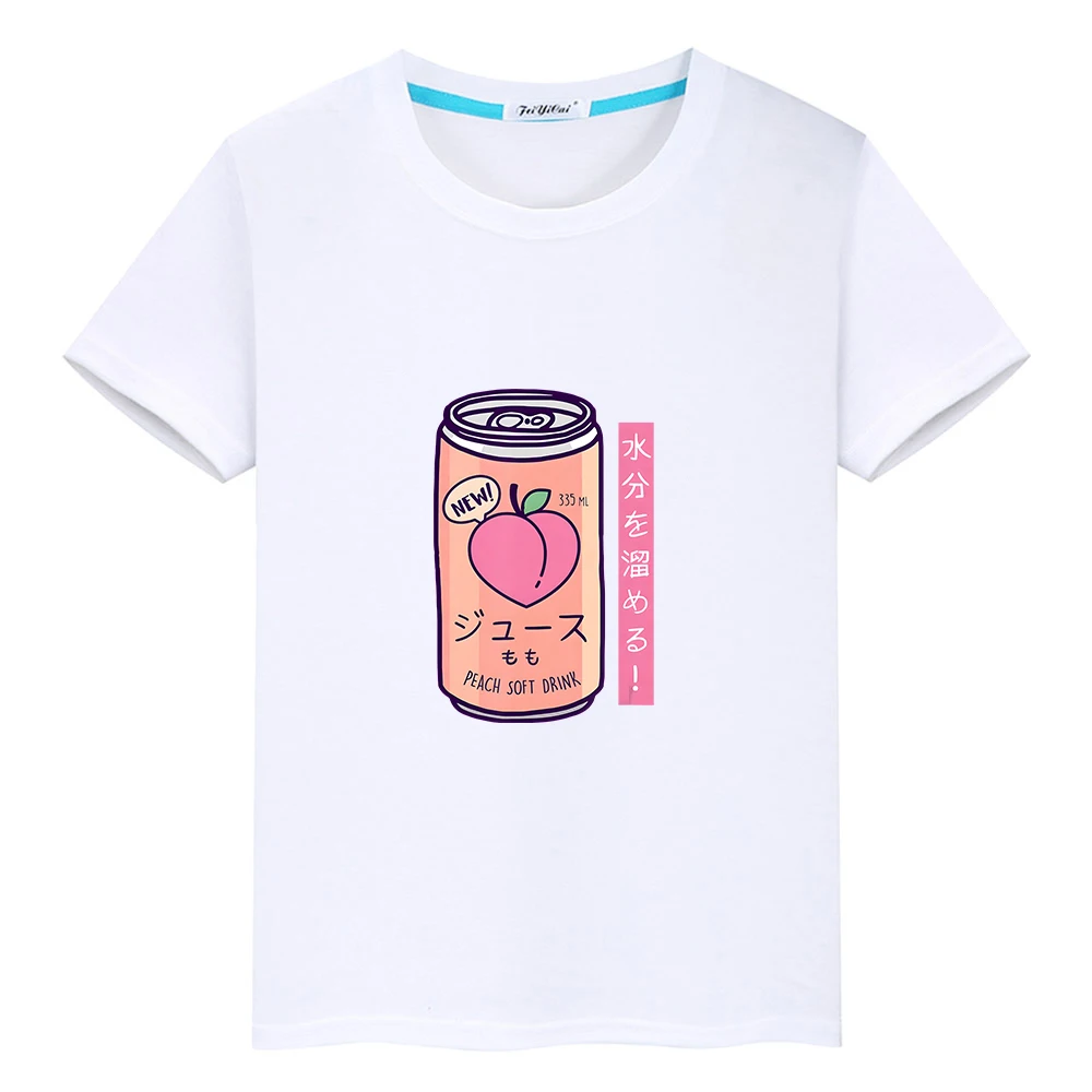 Japanese Peach Juice Cute T-shirt Boys and Girls 100% Cotton Tee-shirt Casual High Quality Soft Tshirts Short Sleeve Kawaii Tees