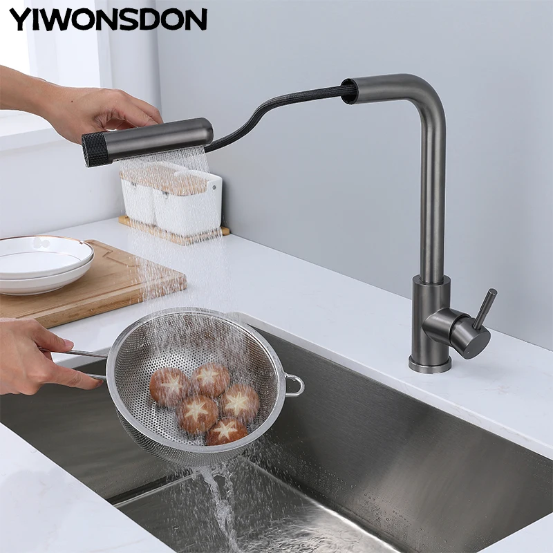 

6 Mode Gray Kitchen Faucets Pull Out Rotation Waterfall Black Stream Sprayer Head Sink Mixer Brushed Nickle Water Tap Accessorie