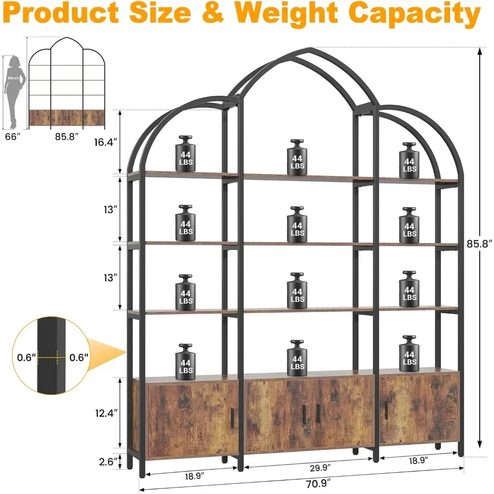 Arched Bookshelf and Bookcase with 3 Cabinets, Triple Wide 5 Tier Standing Book Shelf, Storage Display Rack Shelves