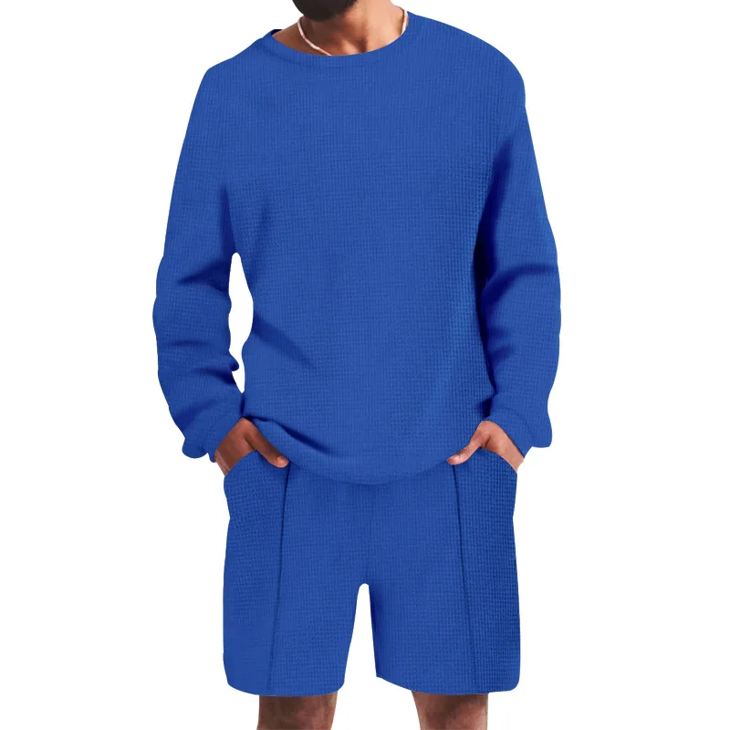 European and American waffle long sleeve T-shirt summer men's casual sports suit long sleeve shorts two-piece set for men