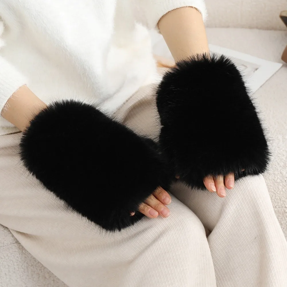 Versatile Thick Fluffy Fingerless Gloves One Size Touch Screen Gloves Warm Winter Gloves Girls