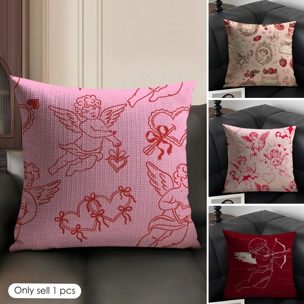 Vintage Cupid Seamless Pattern Cushion Cover Natural Linen Organic Fabric Double-Sided Printing Breathable Gift For Decor