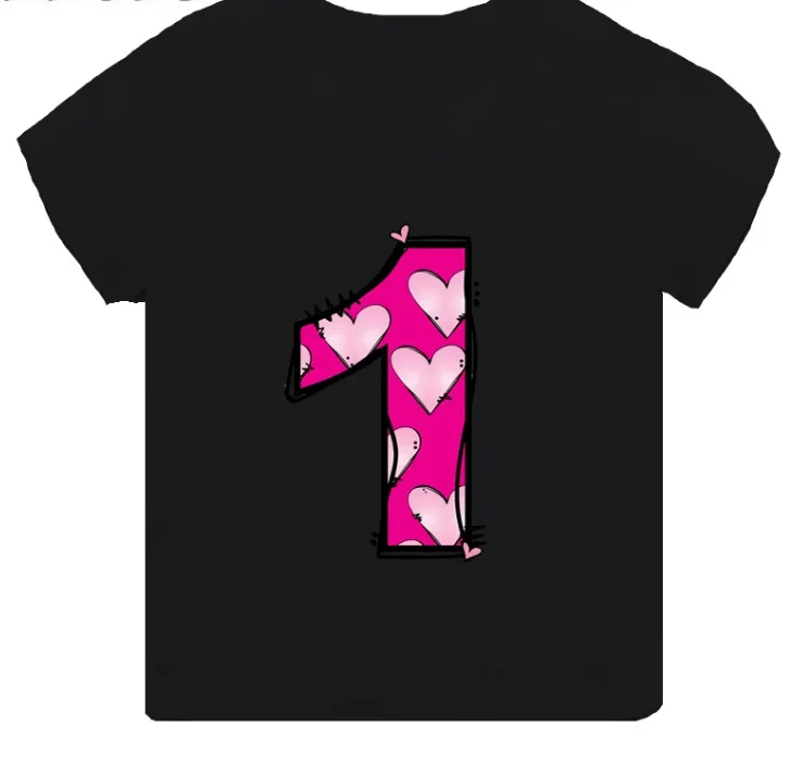 Funny Pink Heart Print Girls Clothes 1-8Years Happy Birthday Number Bow Kids Short Sleeve T shirt Tops