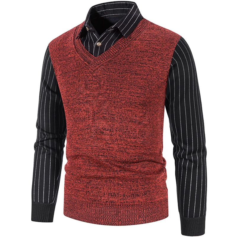 

Men's Shirt Collar Sweater Pullover Knit Polo Shirts Slim Fit Polo Neck Top Clothes Fake 2 Piece Polo Shirts