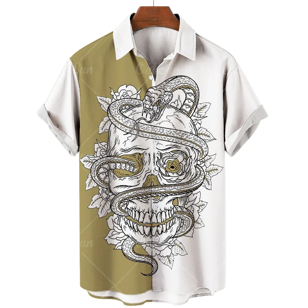 Men Hawaiian Shirt, Tattoo Style Skull Snake Rose Half‑Panel Print Short Sleeve Lapel Button Down Casual Beach Aloha Shirt
