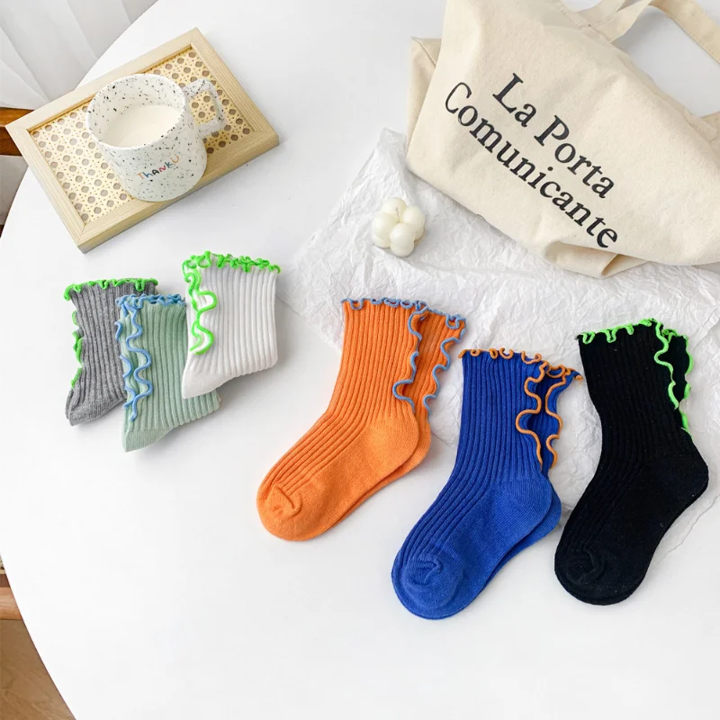 

3Pairs New Girls Kids Socks Solid Color Cute Butterfly Lace Soft Cotton Children's Socks Summer Breathable Short Tube Socks