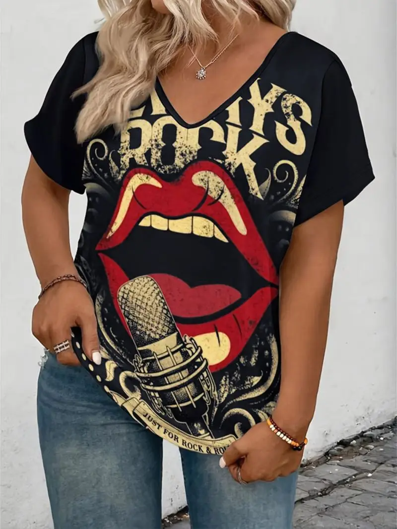 Women's Rock Style Lip Microphone Print V-Neck T-Shirt Loose Shoulder Short Sleeve Casual Top