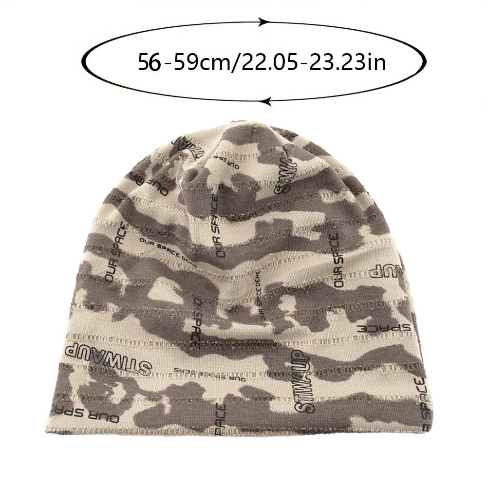 Unisex Camouflage Print Beanie Hat With Distressed Holes Lightweight Stretchy Beanies For Men Women Streetwear Bonnet Cap