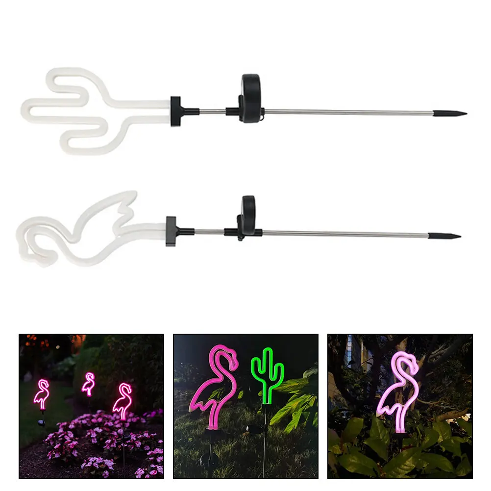 

2 шт. солнечных садовых светильников в виде кактусов и фламинго, неоновые светильники для улицы, декор для двора и дорожек, солнечные световые украшения для улицы
