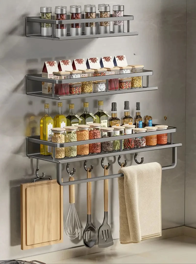 Spice Rack Kitchen Wall-mounted Large Spice Jar Storage Rack with Hook Rod Wipe Storage Suitable for Kitchen Accessories