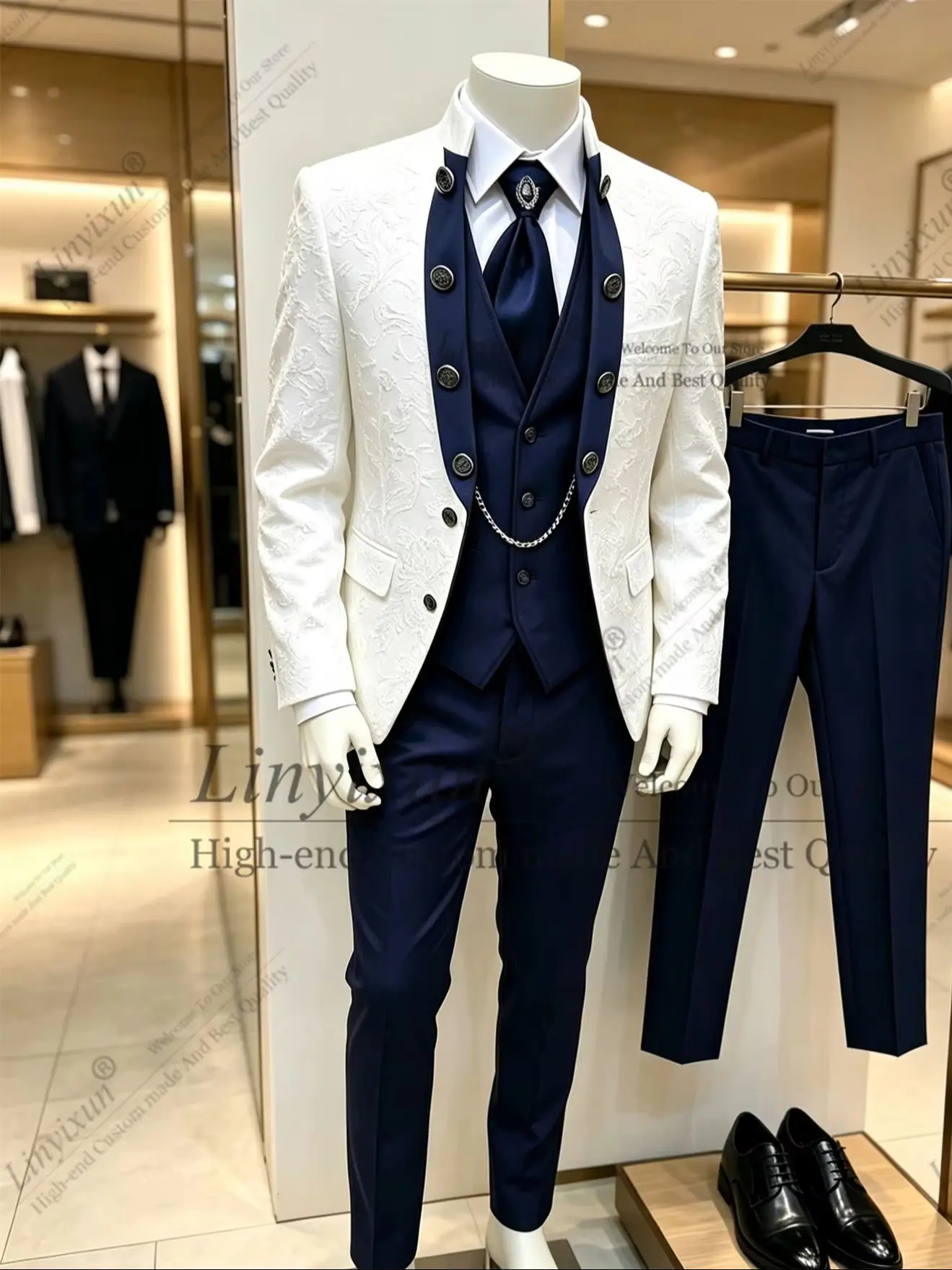 The most suitable suit for the groom Jacquard Men's Wedding Suit 3pcs Customized Slim Wear for Groom Dinner Party Custom Tuxedo