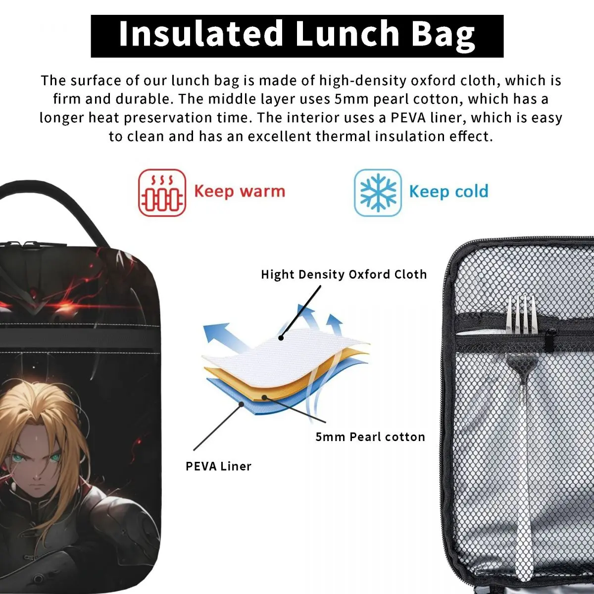 Fullmetal Alchemist Insulated Lunch Bags Cooler Bag Meal Container Adventure High Capacity Tote Lunch Box for Men Women Beach