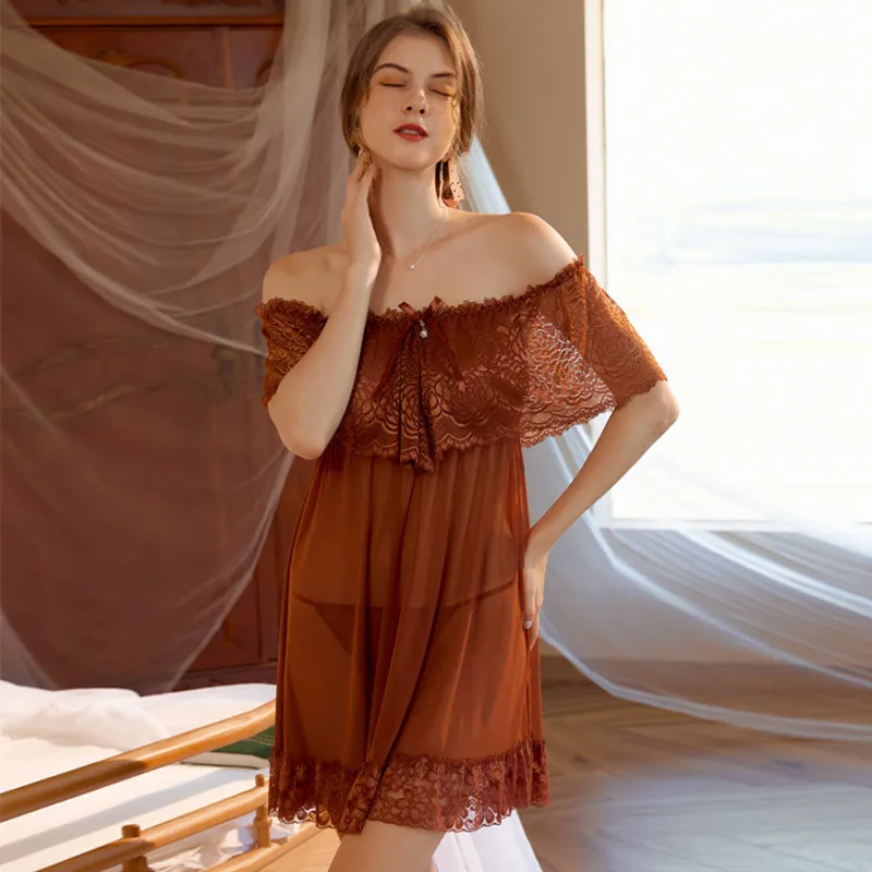 Fdfklak One-Shoulder Sexy Dress Loose Underwear Summer Nightdress Women With Thong Two Piece Set  Lace Ladies Nightgowns