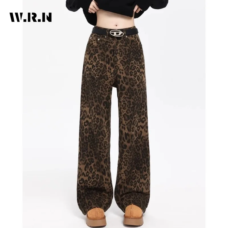 

Tan Leopard Print Wide Leg Jeans Women 2024 New in High Waisted Retro Y2k Denim Pants Baggy Casual Straight Jeans Streetwear