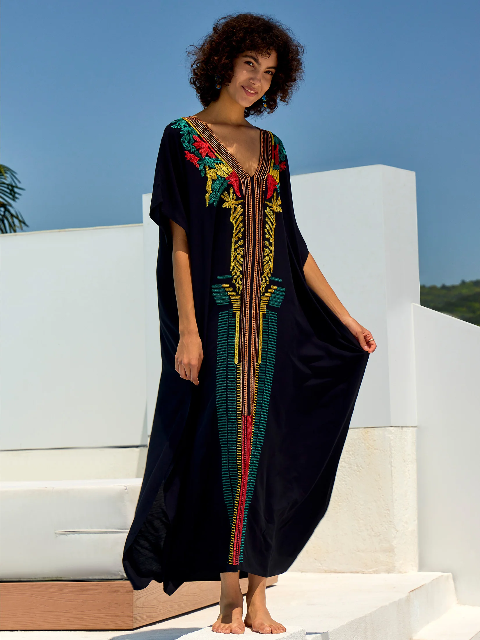 2024 Bohemian Chic Embroidery Printed Sexy V Neck Batwing Sleeve Kaftan Dress For Women Beachwear Vacation Maxi Dresses Q1672