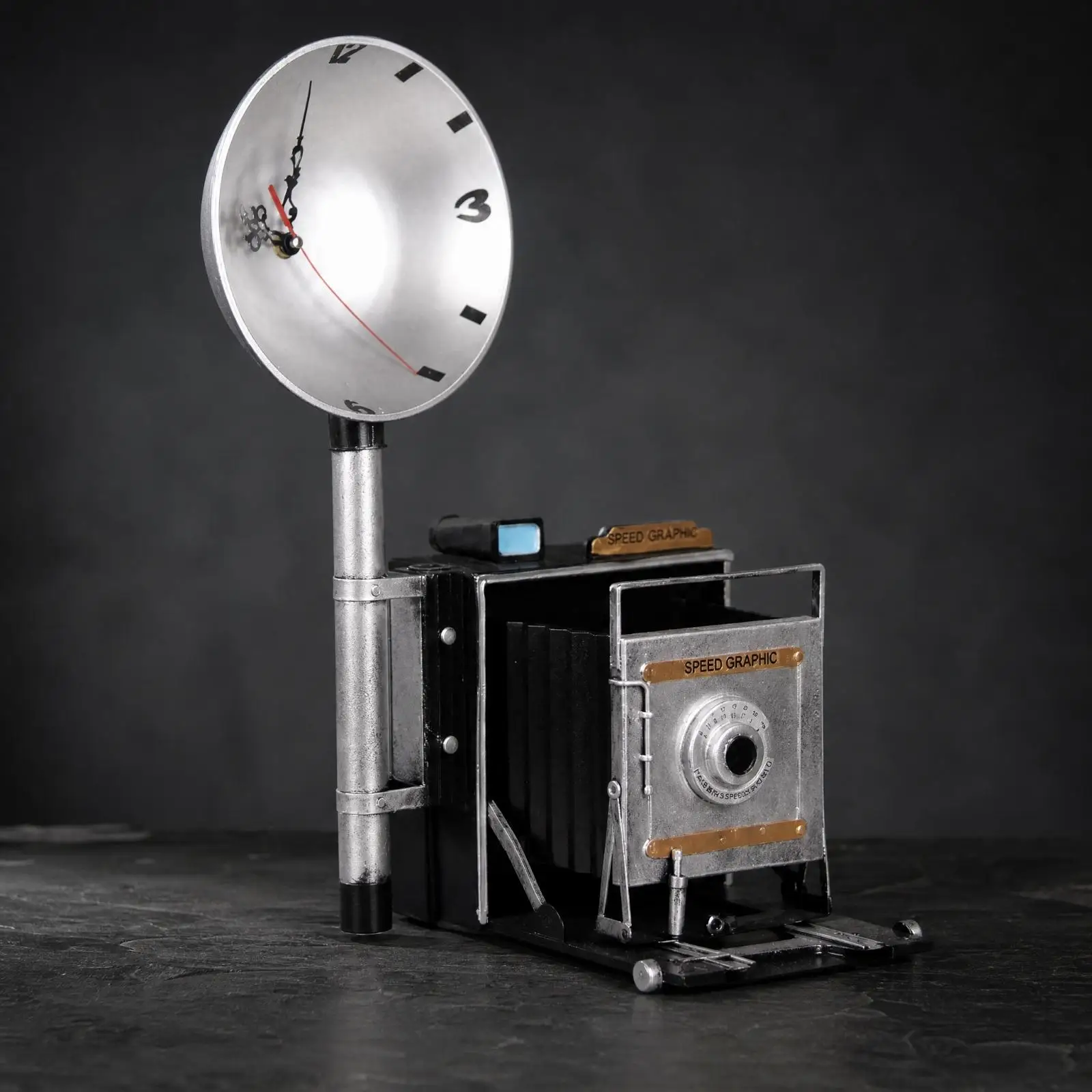 Decor Metal-Finished Metal Camera Clock with Fold-out Base Eye-Catching