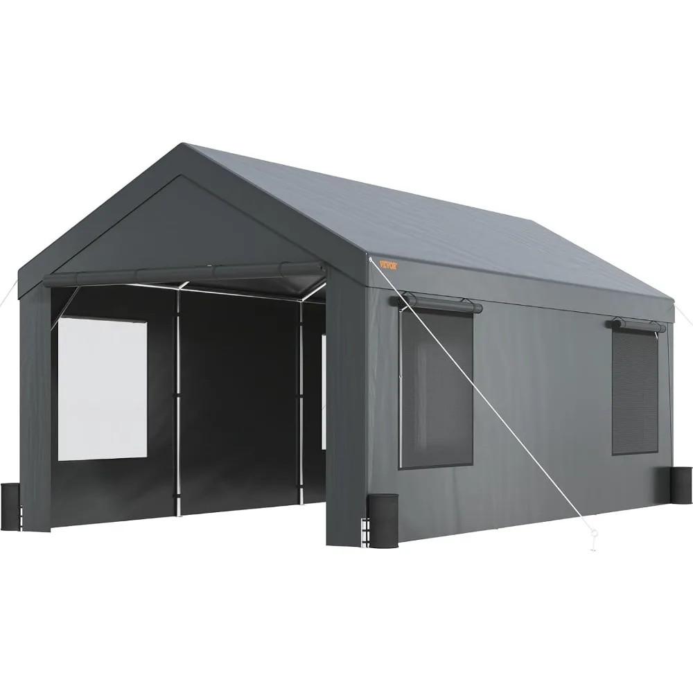 Toldo portátil para cochera, toldo resistente de 10x20 pies, con ventanas ventiladas enrolladas y paredes laterales extraíbles