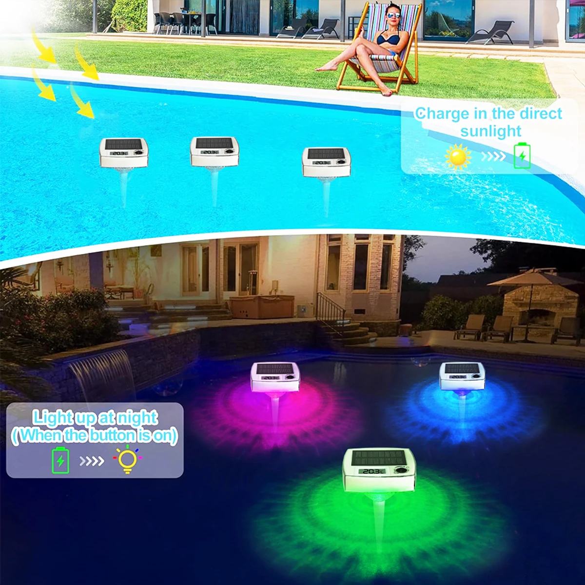 Solar Charging Pool Thermometer Light 9 Color Modes with Digital Temp Display IP68 Waterproof Floating for Swimming Pool Spa