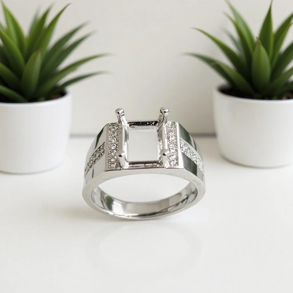 1Pcs Rectangle 7*9mm Pave CZ Ring Blank, Brass 4 Claws Prong Setting, Men's Ring Base Mount, DIY Jewelry Making Accessories