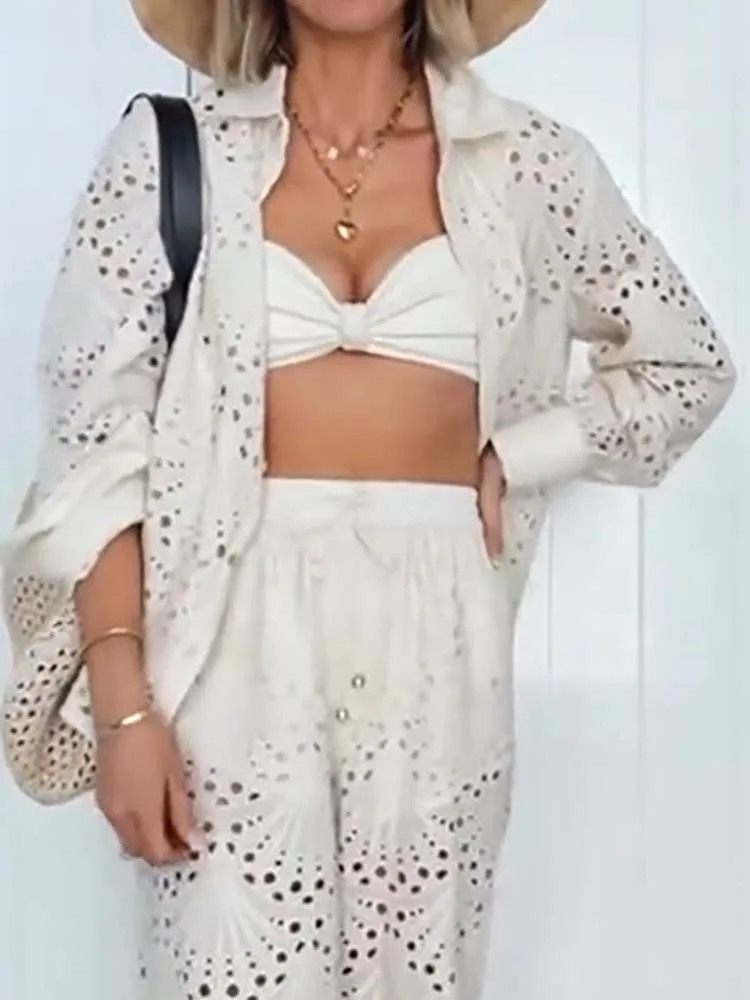 

Casual Long Sleve Shirt & Long Pant Outfits Women Elegant Lapel Button Solid 2 Piece Sets Fashion Embroidery Loose Office Suit