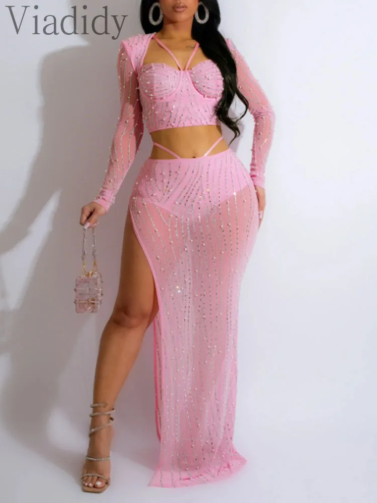

Women's Sexy Solid Color Rhinestones Design Sheer Mesh Long Sleeve Top and High Waist Side Slit Beads Decor Skirt 2pcs Set