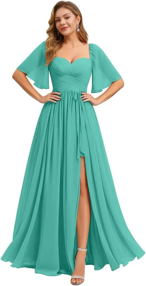 

Women's Chiffon Bridesmaid Dresses for Wedding Flutter Sleeves Ruched A Line Long Formal Dress with Slit Formal Dress