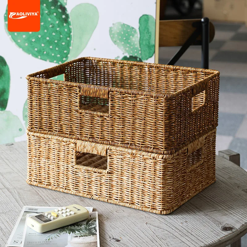 Aoliviya Weaved Storage Basket Home Cabinet Coffee Table Storage Basket Clothes Snack Storage Box Imitation Rattan Basket Europe