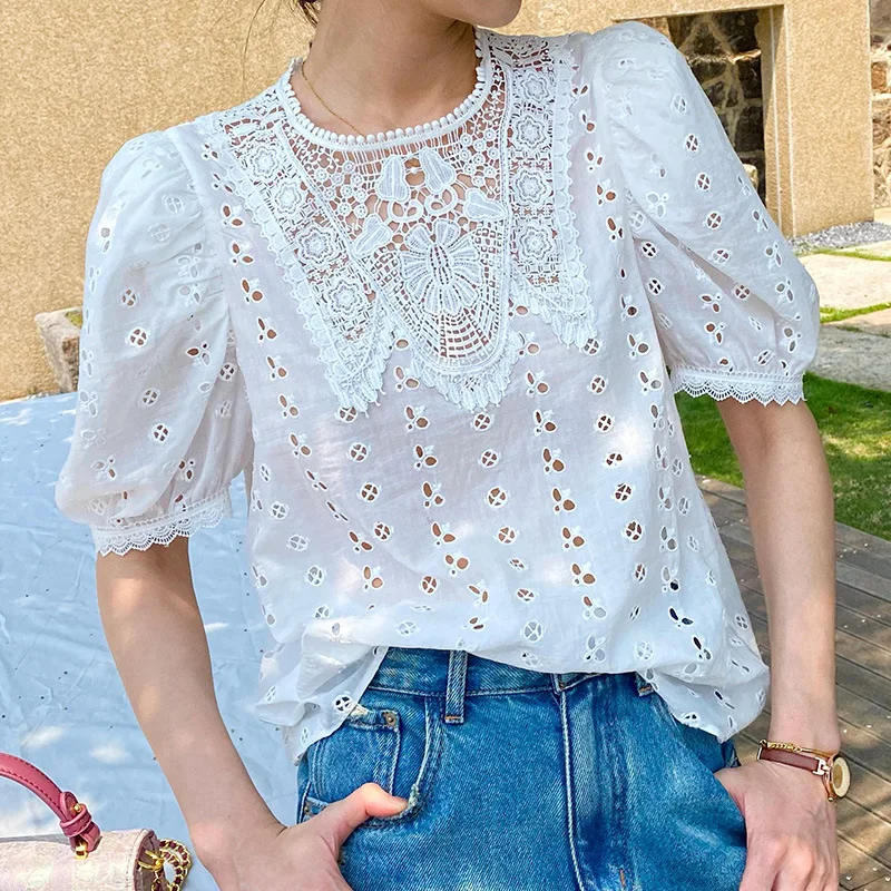 WildPinky New French Style Chic Lace Embroidery Blouse Summer Cotton Short Sleeve Hollow Out Women Sexy Vacation Ladies Tops