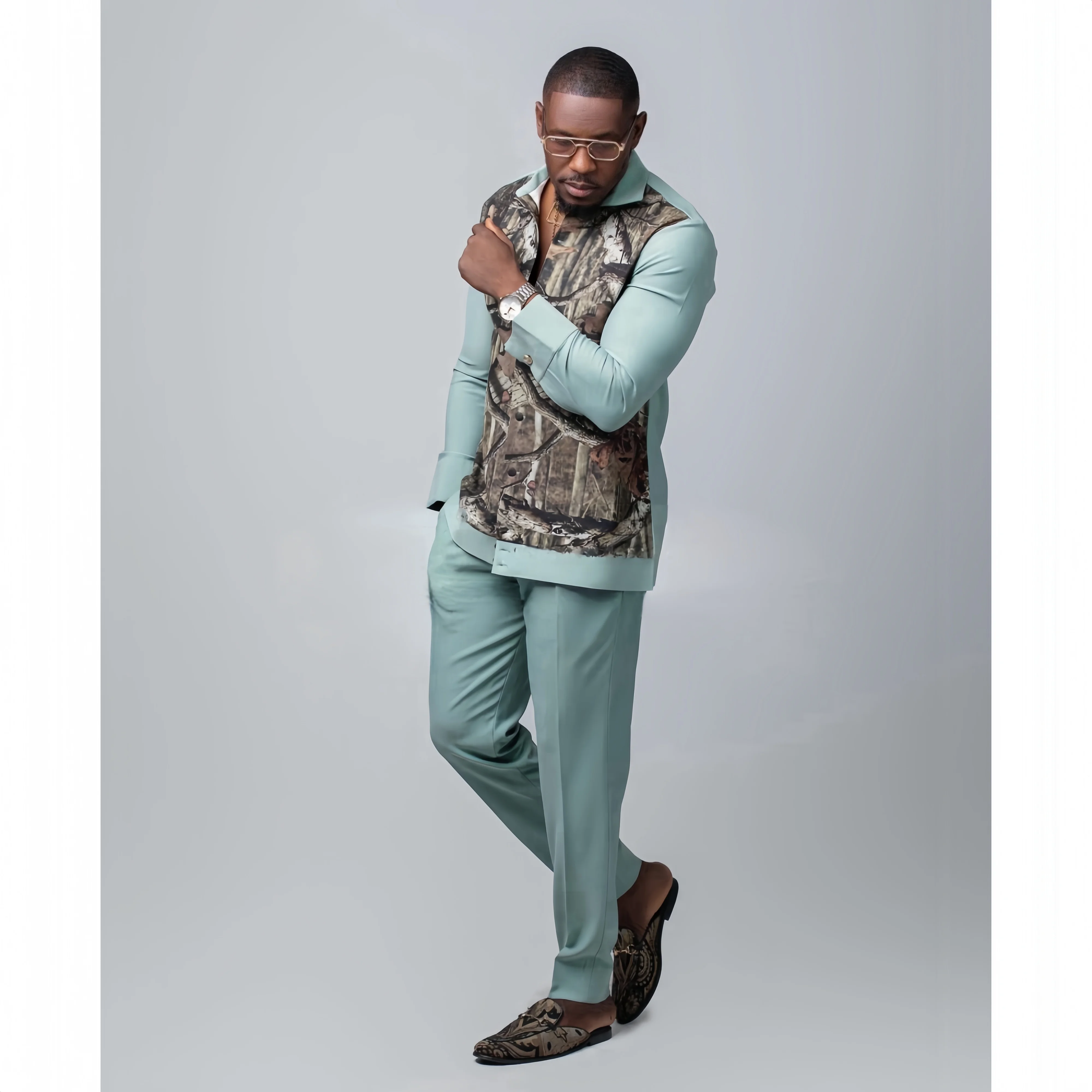 2025 New African Traditional Men's Set, Casual Long Sleeve Travel Men's Two Piece Set, Printed Button Fashion Trendy Men's Suit