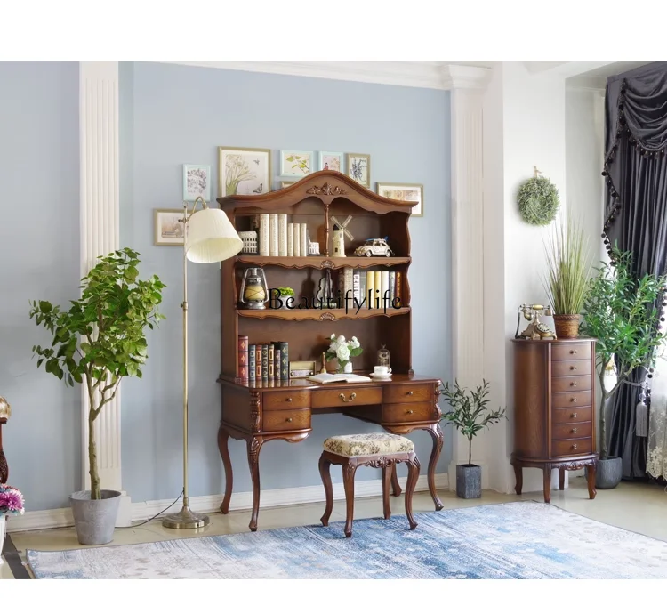 Yj21 Escritorio americano de madera maciza, estantería integrada, escritorio para ordenador de oficina, escritura individual para estudiantes de estilo europeo