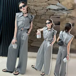 Youth Glazed Satin clothes set Shoulder padded shirt+wide leg pants 2pcs junior kids suit teen child outfits meisjes kleding 12