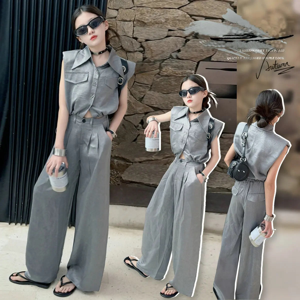 Youth Glazed Satin clothes set Shoulder padded shirt+wide leg pants 2pcs junior kids suit teen child outfits meisjes kleding 12