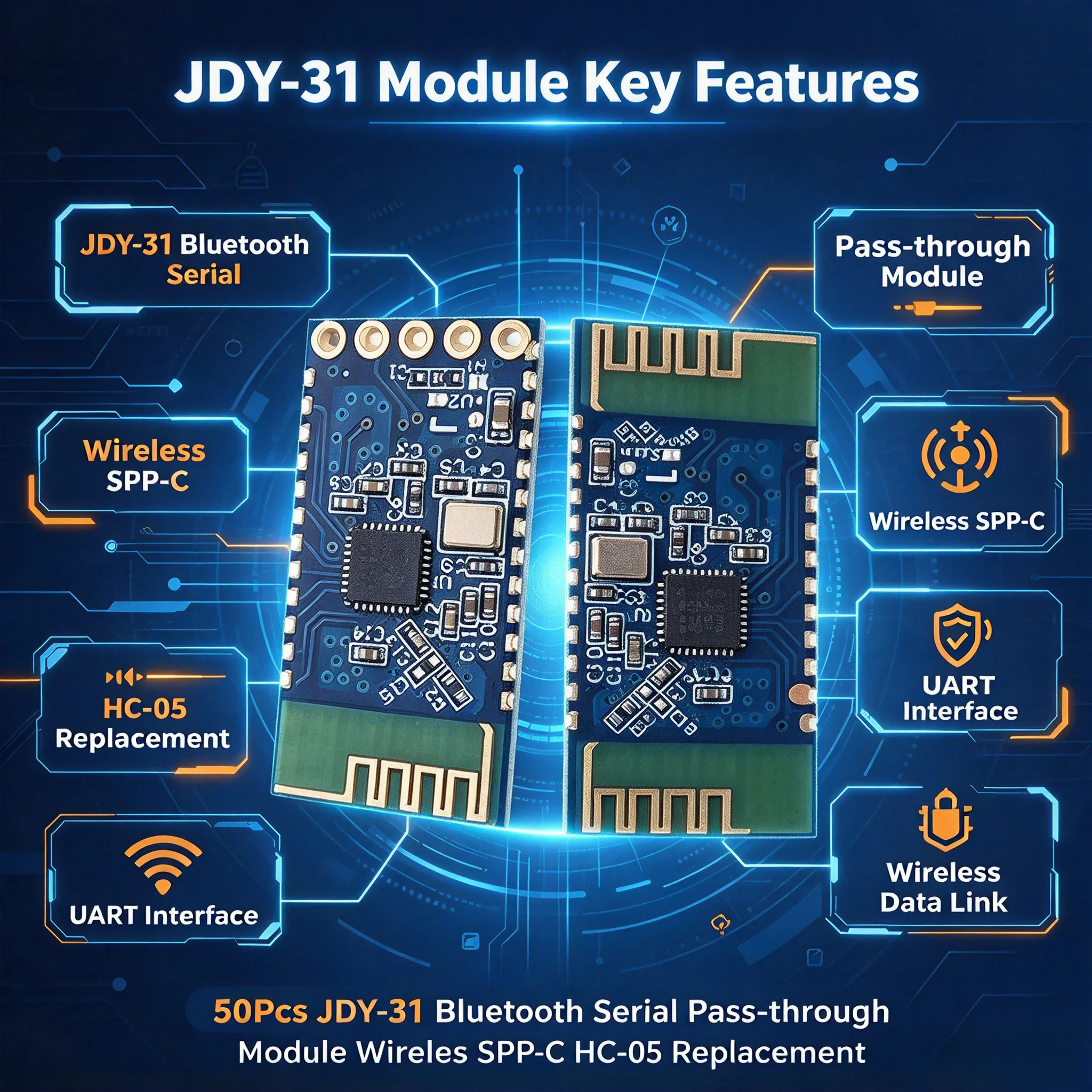 50Pcs JDY-31 Bluetooth Serial Pass-through Module Wireless SPP-C HC-05 Replacement