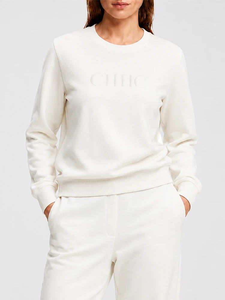 CH Damen Rundhals-Langarm-Sweatshirt mit Frontstickerei-Logo, Basic Casual Daily Wear, Weicher Fleece-Pullover – Detail 3