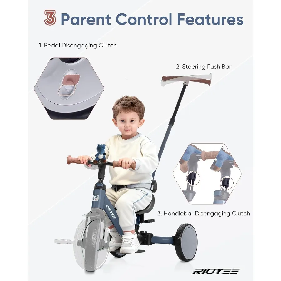 รถสามล้อเด็ก 5-in-1 สำหรับเด็กอายุ 1.5 ถึง 3 ปี พร้อมที่จับสำหรับผู้ปกครอง ปรับเปลี่ยนเป็นจักรยานทรงตัวได้โดยไม่ต้องใช้เครื่องมือ สายรัดนิรภัยแบบถอดได้