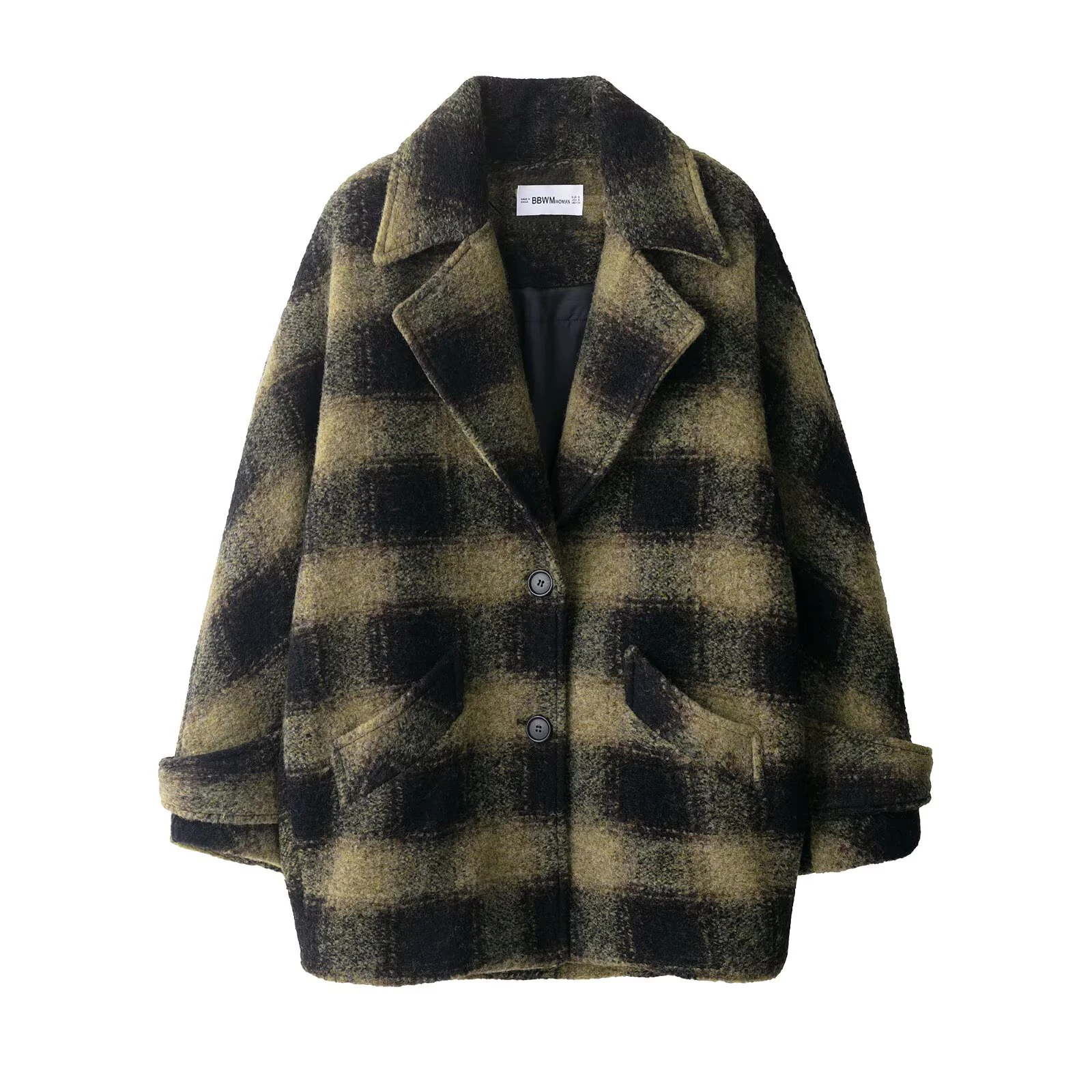 European and American women's retro plaid woolen coat women's winter high-quality suit collar medium length coat