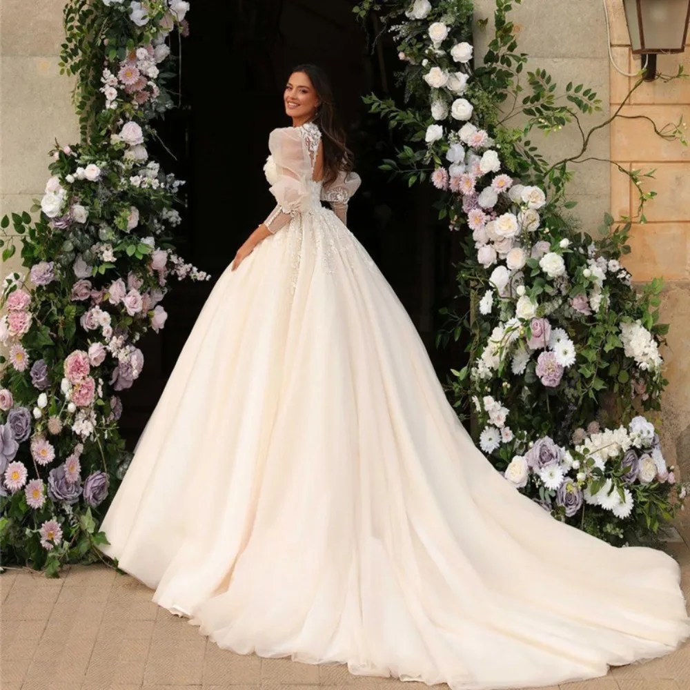 Gaun pernikahan Tulle Sweetheart putri dengan Puff lengan panjang Applique gaun pengantin panjang lantai jubah de mariage