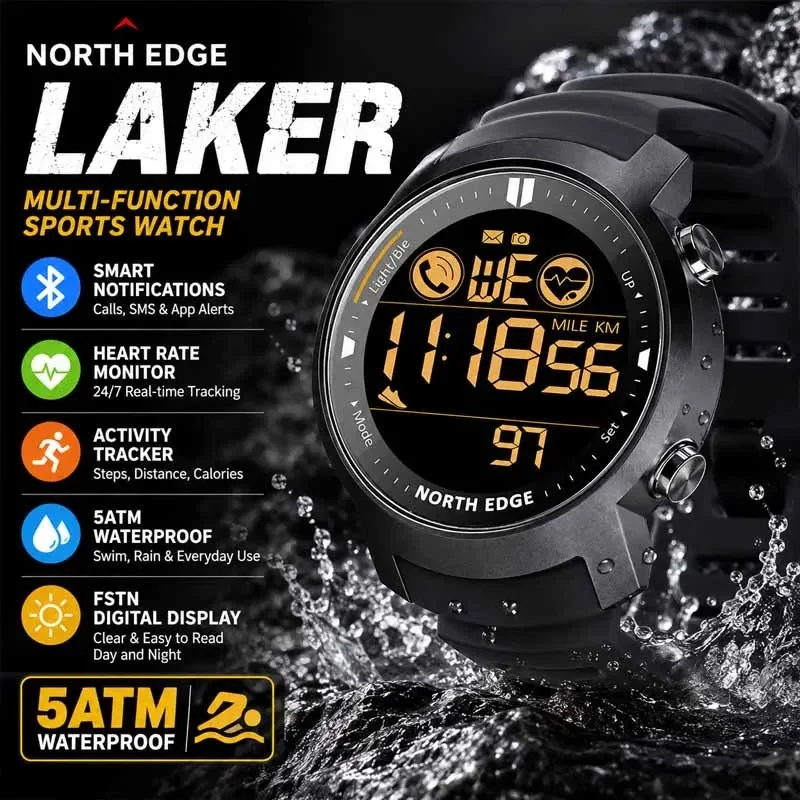 NORTH EDGE Men's Military Digital Watch 50M Waterproof with Pedometer Stopwatch Heart Rate Monitor for Running Sports Android Co