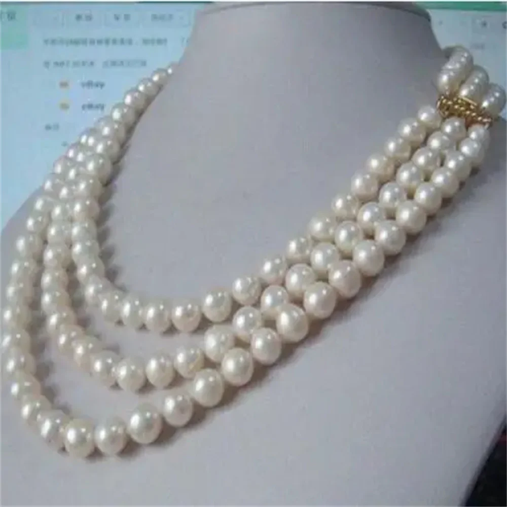 

Charming 3 row natural 8-9mm south sea white pearl necklace 17"18"19"