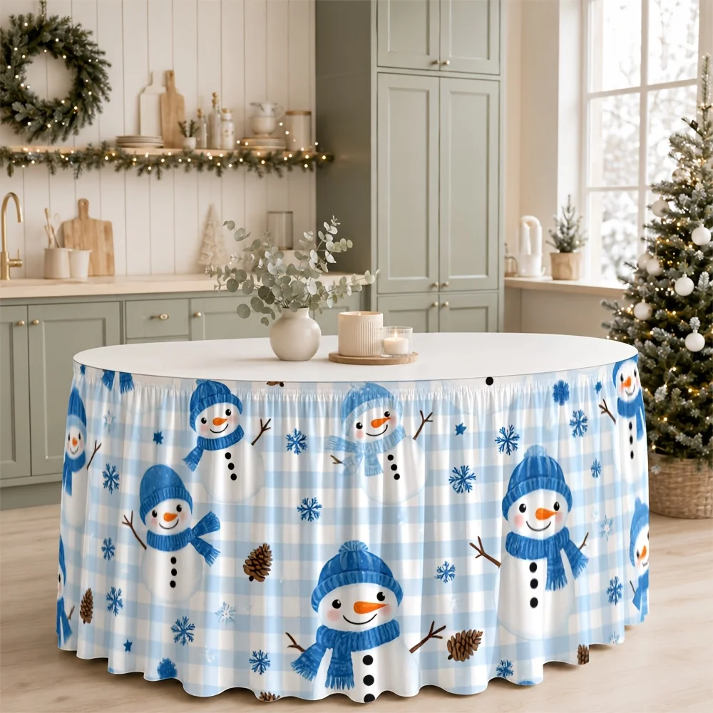 Table skirt / tableskirt, winter, snowman, check pattern, blue and white, fresh, Christmas