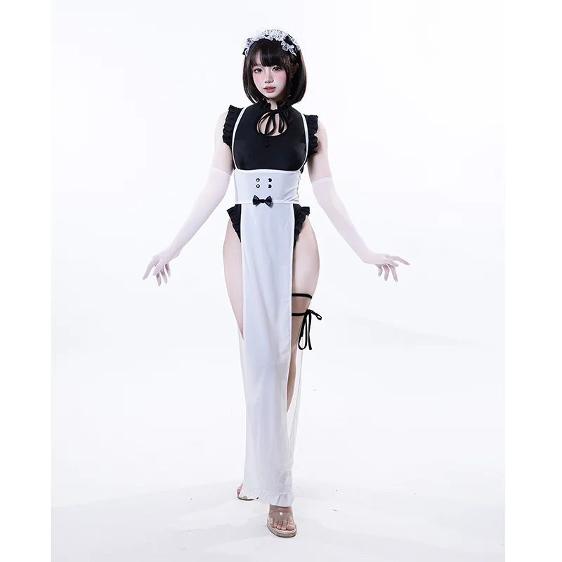 Anime Meido Kafe Cosplay Costume Women Sexy Battle Maid Dress Uniform Ruffle Bodysuit Jumpsuit Slit Long Apron Outfits Halloween