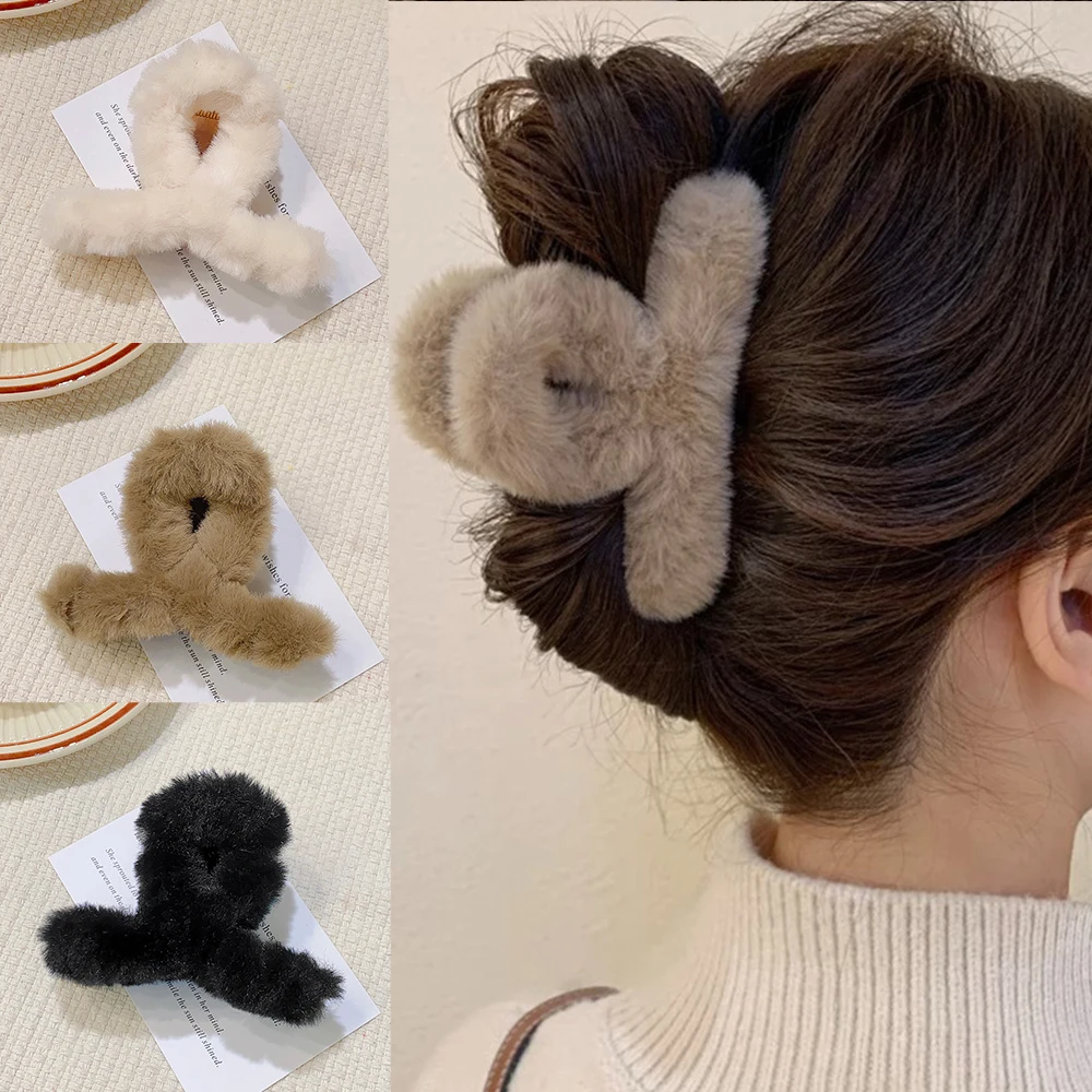 Plush Women Hair Claw Winter Faux Fur Hair Clip Barrettes Acrylic Hairpins Ponytail Hairgrip Girls Hair Accessories Headwear