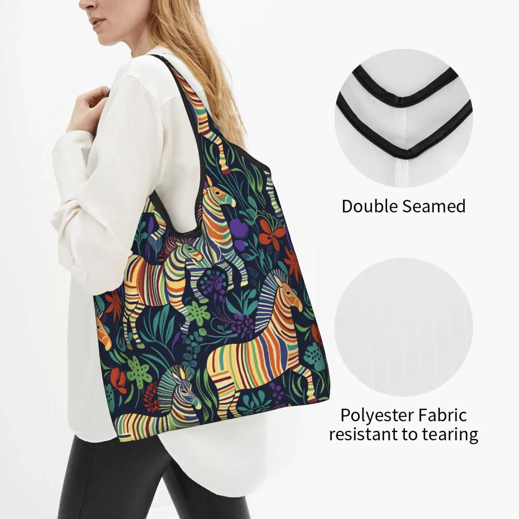 Custom Rainbow Striped Zebras in the Jungle Shopping Bags Women Portable Large Capacity Groceries  Tote Shopper Bags