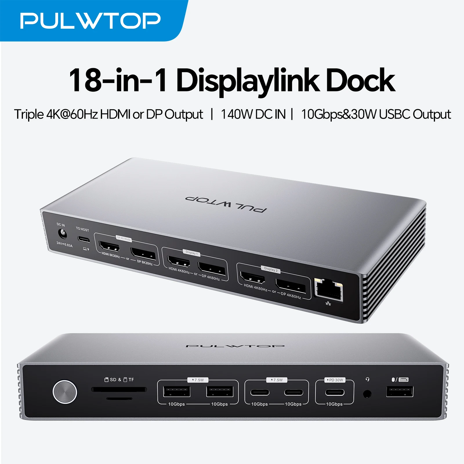 PULWTOP USB C DisplayLink Dock Triple Displays for MacBook/ Windows, 8K/4K@60Hz Displaylink Dock with 3HDMI, 3Display Port