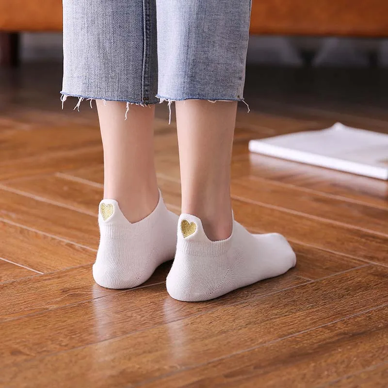 10 Paare/los frauen Baumwolle Socken Niedrigen Rohr Solide Gold Seide Stickerei Herz Krone Druck Kawaii Weiß Harajuku Kurze Socken – Detail 4