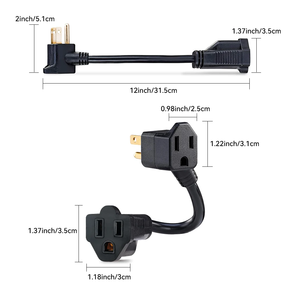 2  US Plug，3 Prong,  Extension Cord，12-inch，Cable With ,2 Outlets,Indoor Outlet Extender 1625W,15A,125V Adapted for the Americas